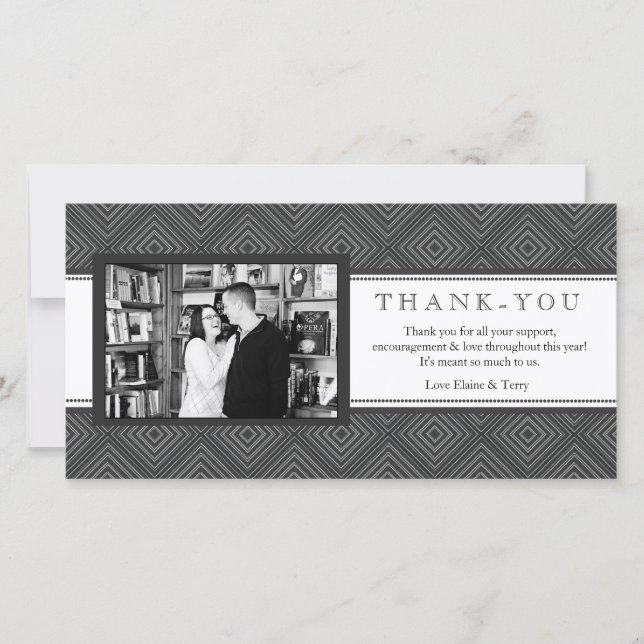 Moderne Damask Black & White Danke Foto Card (Vorderseite)