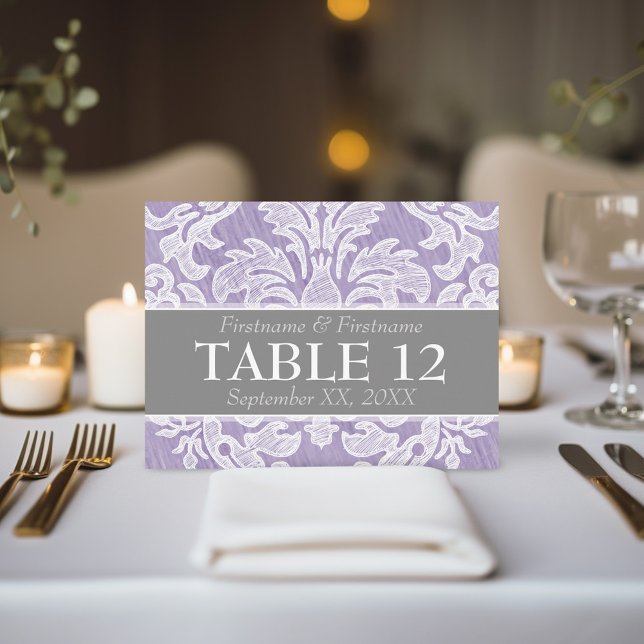 Moderne Damask Muster Hochzeitsstipps-Tischnummern Postkarte (Mod Lace - Lavender and Grey reserved wedding table number sign)