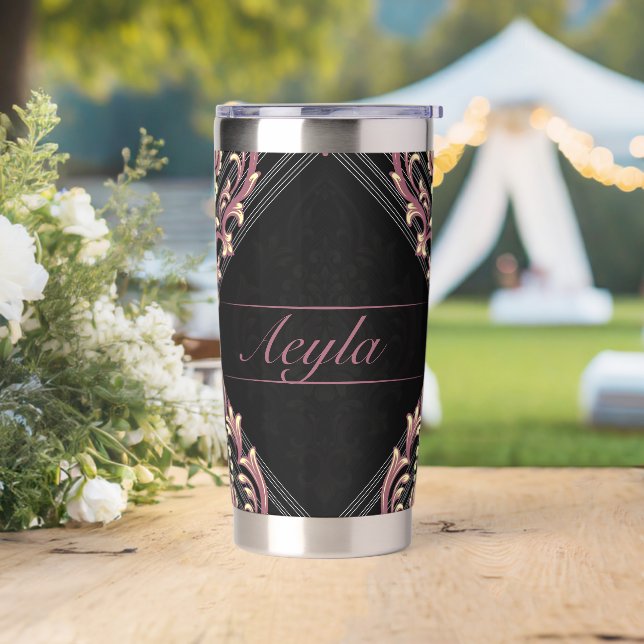 Moderne Damask Rose Gold und Glitzer Monogramm Thermobecher (Hochzeit)