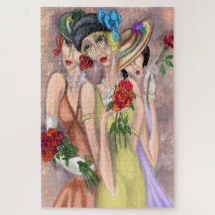 Moderne Damen mit Rosen Rätsel - Vintage-Stil Puzzle