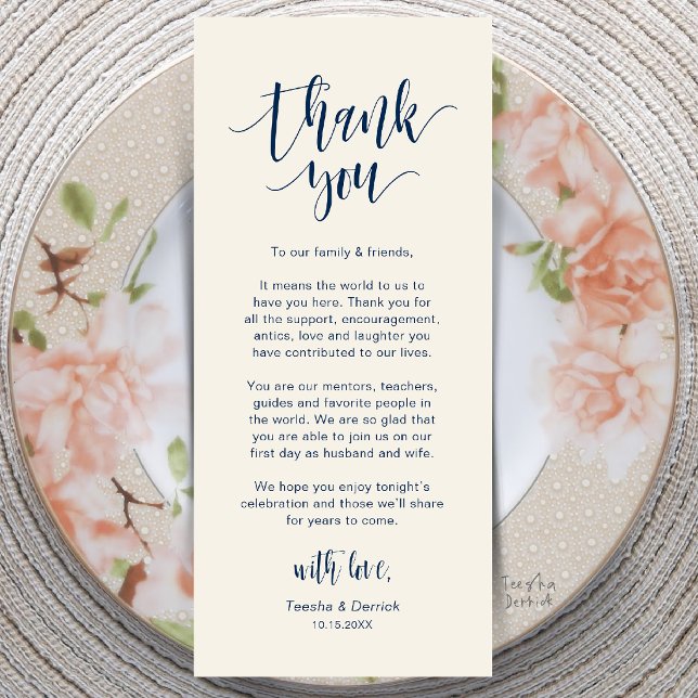Moderne Dankeskarte für den Hochzeitsdinner-Tisch Programm (Modern Wedding Dinner Place Setting Thank You Card in Navy Blue and Ivory)