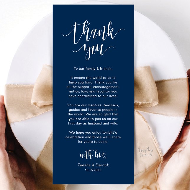 Moderne Dankeskarte für den Hochzeitsdinner-Tisch Programm (Modern Wedding Dinner Place Setting Thank You Card in Navy Blue)