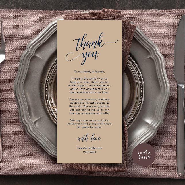 Moderne Dankeskarte für den Hochzeitsdinner-Tisch Programm (Modern Wedding Dinner Place Setting Thank You Card in Navy Blue Brown Tan)