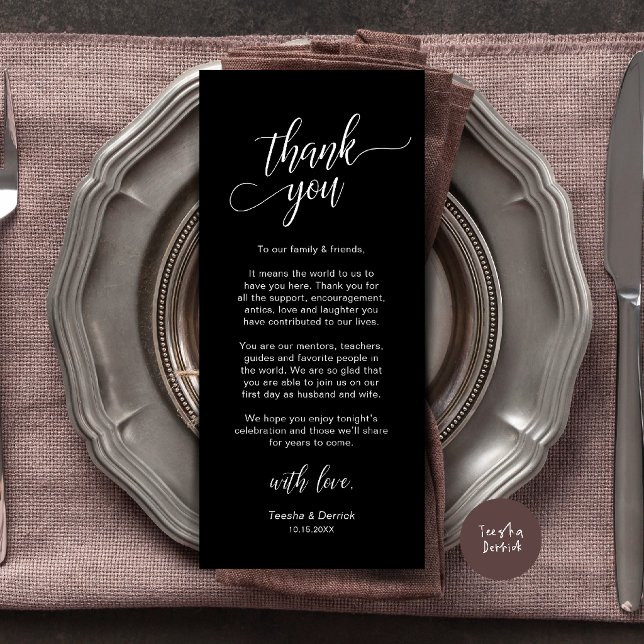 Moderne Dankeskarte für den Hochzeitsdinner-Tischp Programm (Modern Wedding Dinner Place Setting Thank You Card in black and white)