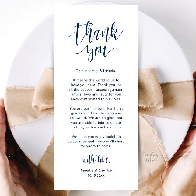 Moderne Dankeskarte für die Hochzeitsdinner-Tischd Programm (Modern Wedding Dinner Place Setting Thank You Card in Navy Blue)