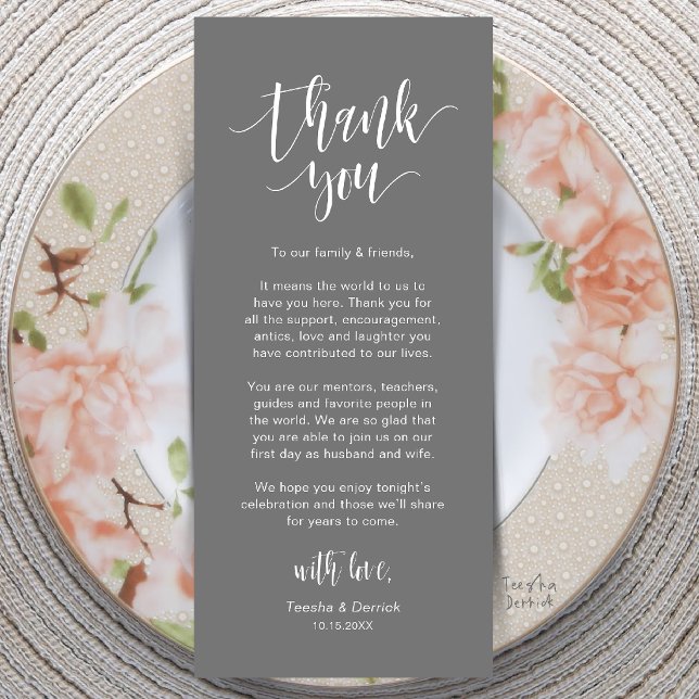 Moderne Dankeskarte für die Tischdekoration bei de Programm (Modern Wedding Dinner Place Setting Thank You Card in Dark Grey)