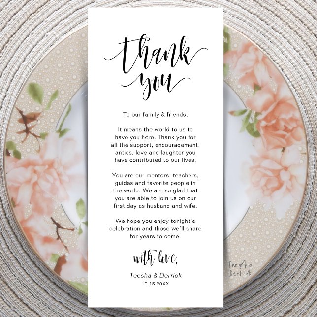 Moderne Dankeskarte für die Tischdekoration bei de Programm (Modern Wedding Dinner Place Setting Thank You Card in Black and White)