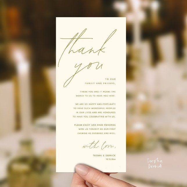 Moderne Dankeskarten für das Hochzeitsdinner Programm (Modern Wedding Reception Dinner Lunch Brunch Party Thank You Card in yellow gold)