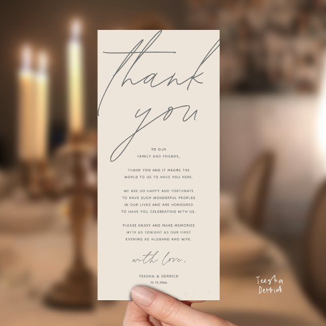 Moderne Dankeskarten für das Hochzeitsdinner Programm (Modern Wedding Reception Dinner Lunch Brunch Party Thank You Card in warm cream grey)