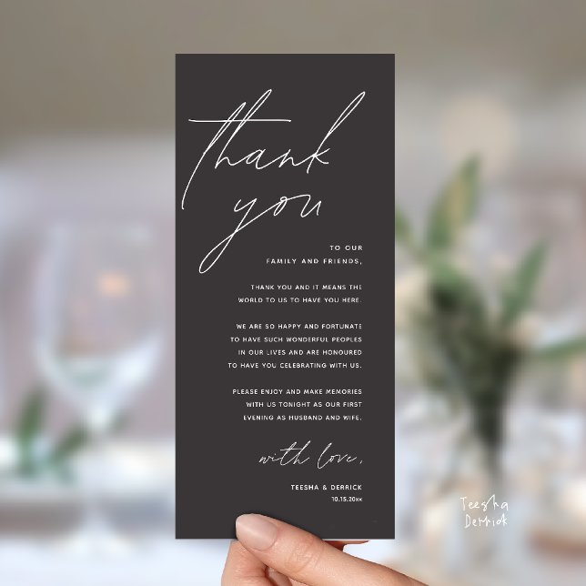 Moderne Dankeskarten für das Hochzeitsdinner Programm (Modern Wedding Reception Dinner Lunch Brunch Party Thank You Card in charcoal grey)