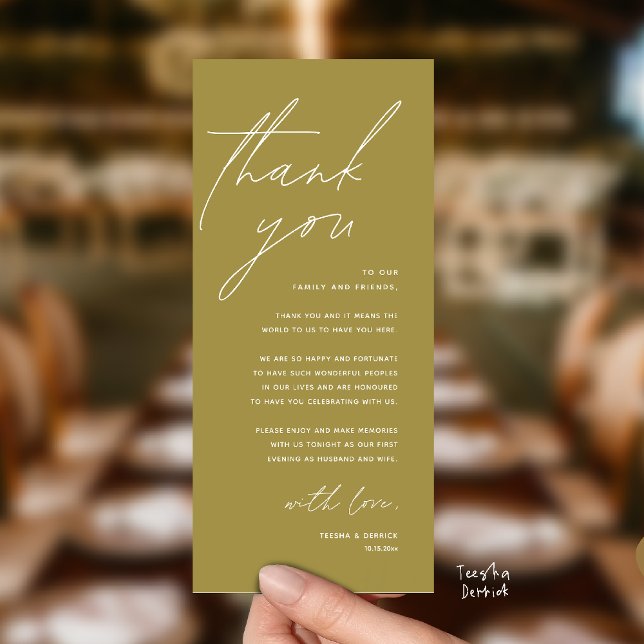 Moderne Dankeskarten für das Hochzeitsdinner Programm (Modern Wedding Reception Dinner Lunch Brunch Party Thank You Card in yellow gold)