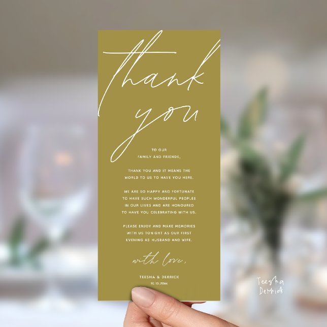 Moderne Dankeskarten für das Hochzeitsdinner Programm (Modern Wedding Reception Dinner Lunch Brunch Party Thank You Card in yellow gold)