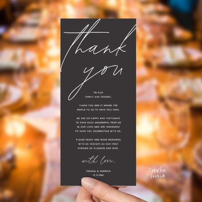 Moderne Dankeskarten für das Hochzeitsdinner Programm (Modern Wedding Reception Dinner Lunch Brunch Party Thank You Card in charcoal grey)