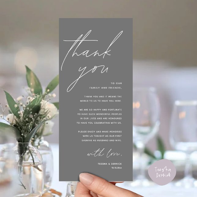 Moderne Dankeskarten für das Hochzeitsdinner Programm (Modern Wedding Reception Dinner Lunch Brunch Party Thank You Card in dark grey)
