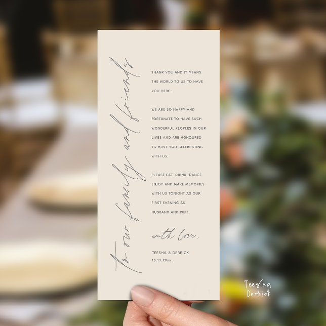 Moderne Dankeskarten für das Hochzeitsdinner Programm (Welcome and thanks, Modern Wedding Reception Dinner Thank You card, family friends in cream grey)