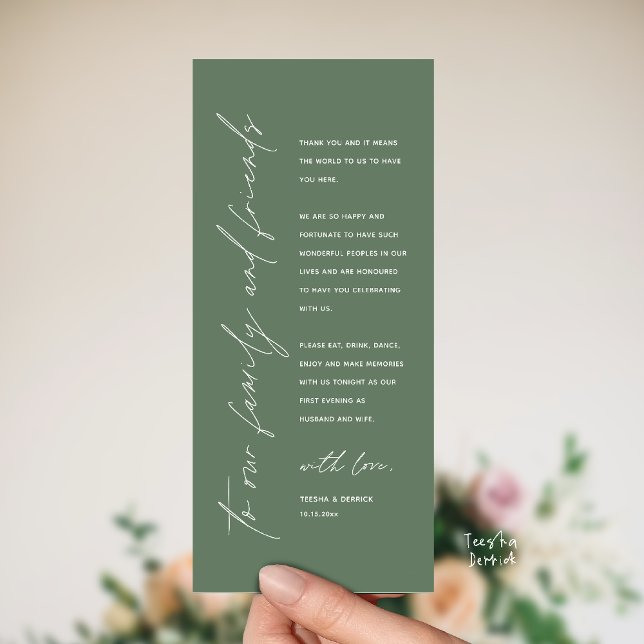 Moderne Dankeskarten für das Hochzeitsdinner Programm (Welcome and thanks, Modern Wedding Reception Dinner Thank You card, family friends in sage green)