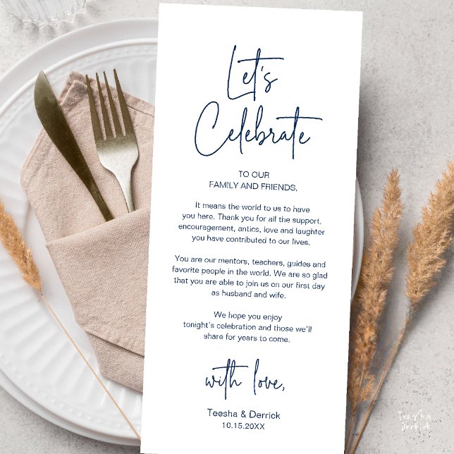 Moderne Dankeskarten für das Hochzeitsdinner Programm (Modern Classy Wedding Reception Dinner Thank You Card in Navy Blue)