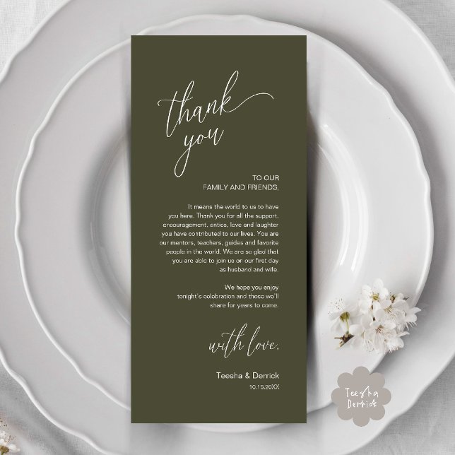 Moderne Dankeskarten für das Hochzeitsdinner Programm (Modern Wedding Reception Dinner Thank You Card in Olive Green)