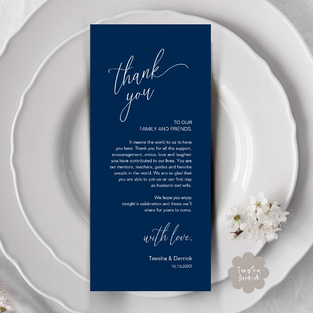 Moderne Dankeskarten für das Hochzeitsdinner Programm (Modern Wedding Reception Dinner Thank You Card in Navy Blue)