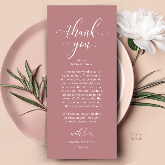 Moderne Dankeskarten für die Hochzeitsdinner-Tisch Programm (Modern Wedding Dinner Place Setting Thank You Card in Dusty Rose Pink)