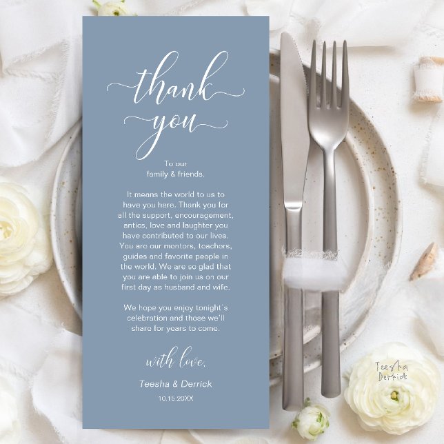 Moderne Dankeskarten für die Hochzeitsdinner-Tisch Programm (Modern Wedding Dinner Place Setting Thank You Card in Dusty Blue)