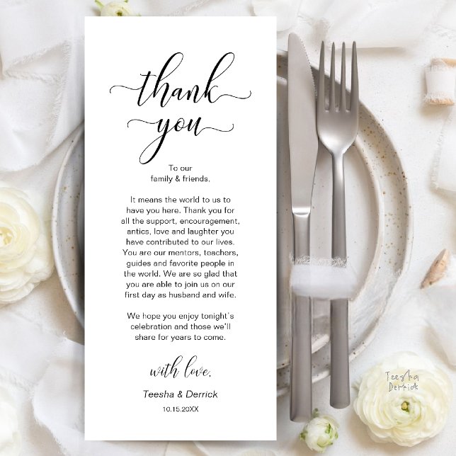 Moderne Dankeskarten für die Hochzeitsdinner-Tisch Programm (Modern Wedding Dinner Place Setting Thank You Card in Black and White)
