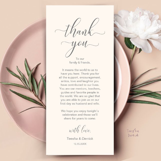 Moderne Dankeskarten für die Hochzeitsdinner-Tisch Programm (Modern Wedding Dinner Place Setting Thank You Card in Ivory and Grey)