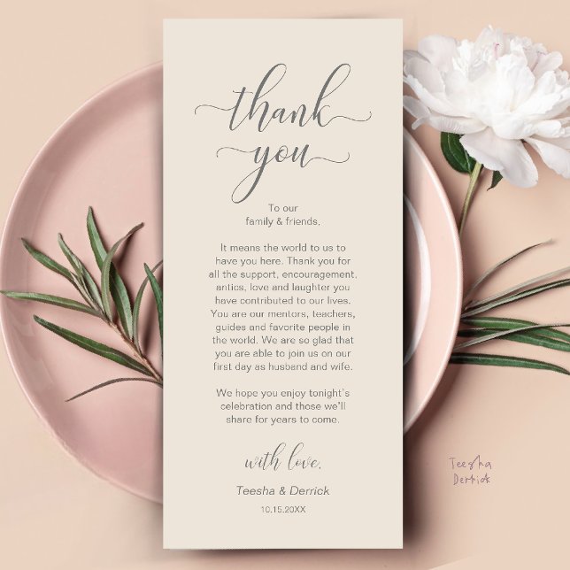 Moderne Dankeskarten für die Hochzeitsdinner-Tisch Programm (Modern Wedding Dinner Place Setting Thank You Card in Cream and Grey)