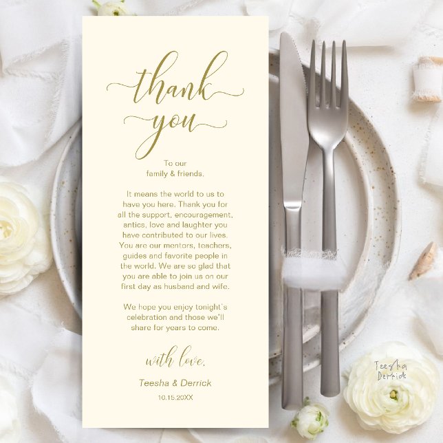 Moderne Dankeskarten für die Hochzeitsdinner-Tisch Programm (Modern Wedding Dinner Place Setting Thank You Card in Gold and Cream)