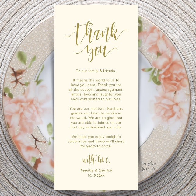Moderne Dankeskarten für die Hochzeitsdinner-Tisch Programm (Modern Wedding Dinner Place Setting Thank You Card in Gold Yellow Cream)