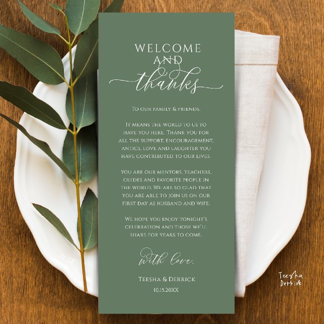 Moderne Dankeskarten für die Hochzeitsdinner-Tisch Programm (Modern Wedding Dinner Place Setting Thank You Card in sage green)