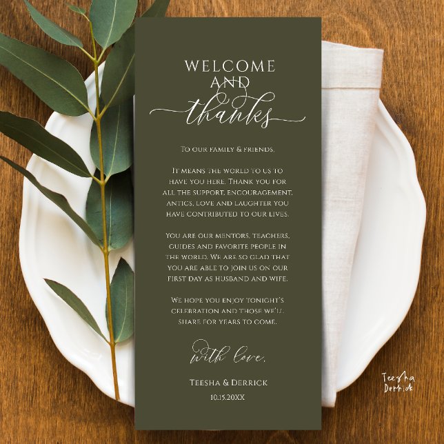 Moderne Dankeskarten für die Hochzeitsdinner-Tisch Programm (Modern Wedding Dinner Place Setting Thank You Card in olive green)