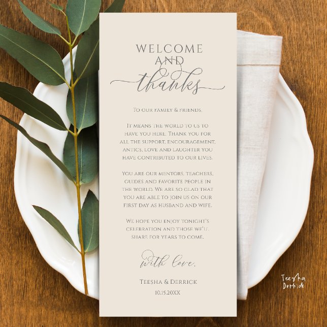 Moderne Dankeskarten für die Hochzeitsdinner-Tisch Programm (Modern Wedding Dinner Place Setting Thank You Card in cream and grey)