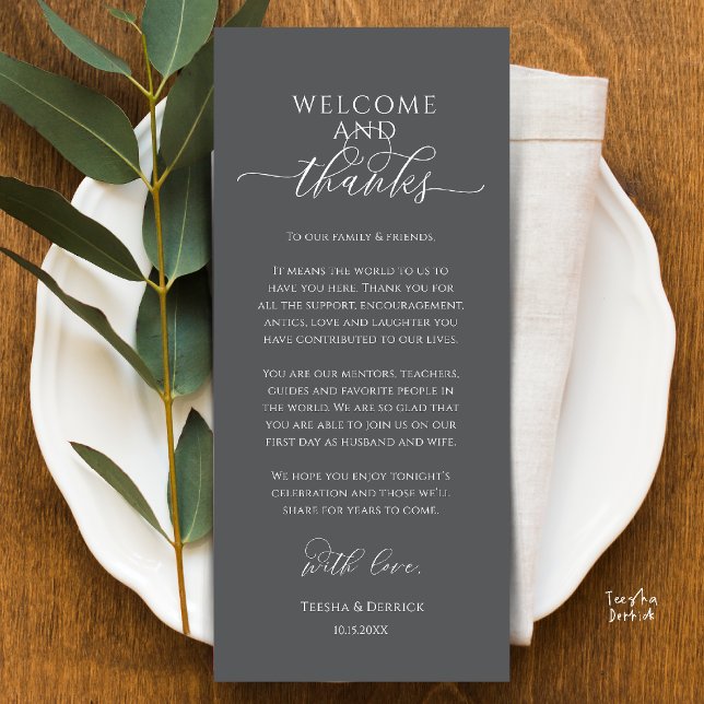 Moderne Dankeskarten für die Hochzeitsdinner-Tisch Programm (Modern Wedding Dinner Place Setting Thank You Card in dark grey)