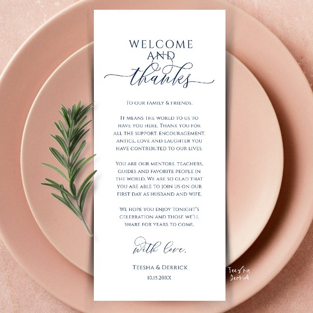 Moderne Dankeskarten für die Hochzeitsdinner-Tisch Programm (Modern Wedding Dinner Place Setting Thank You Card in navy blue)