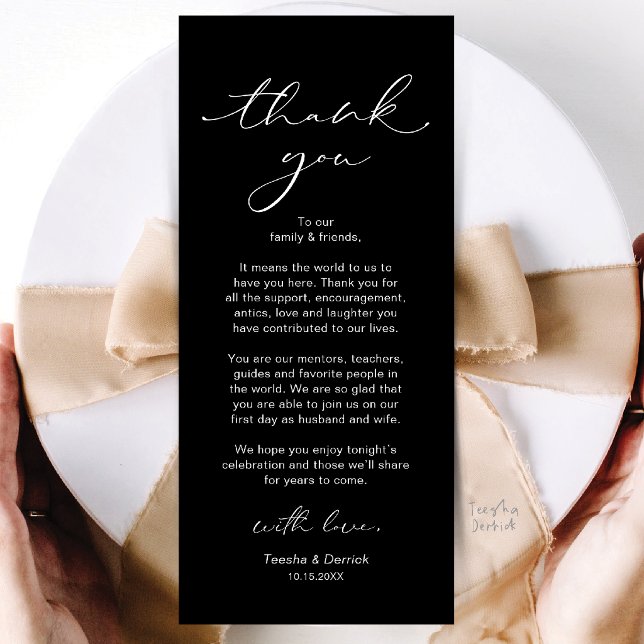 Moderne Dankeskarten für die Hochzeitsdinner-Tisch Programm (Modern Wedding Dinner Place Setting Thank You Card in Black and White)