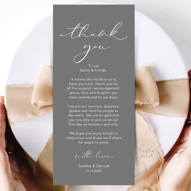 Moderne Dankeskarten für die Hochzeitsdinner-Tisch Programm (Modern Wedding Dinner Place Setting Thank You Card in Dark Grey)
