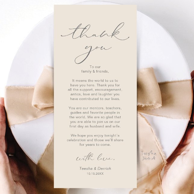 Moderne Dankeskarten für die Hochzeitsdinner-Tisch Programm (Modern Wedding Dinner Place Setting Thank You Card in Cream and grey)