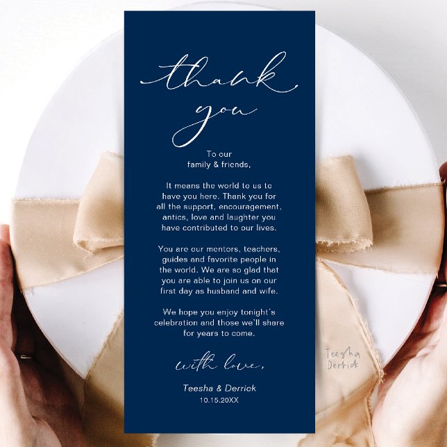 Moderne Dankeskarten für die Hochzeitsdinner-Tisch Programm (Modern Wedding Dinner Place Setting Thank You Card in Navy Blue)