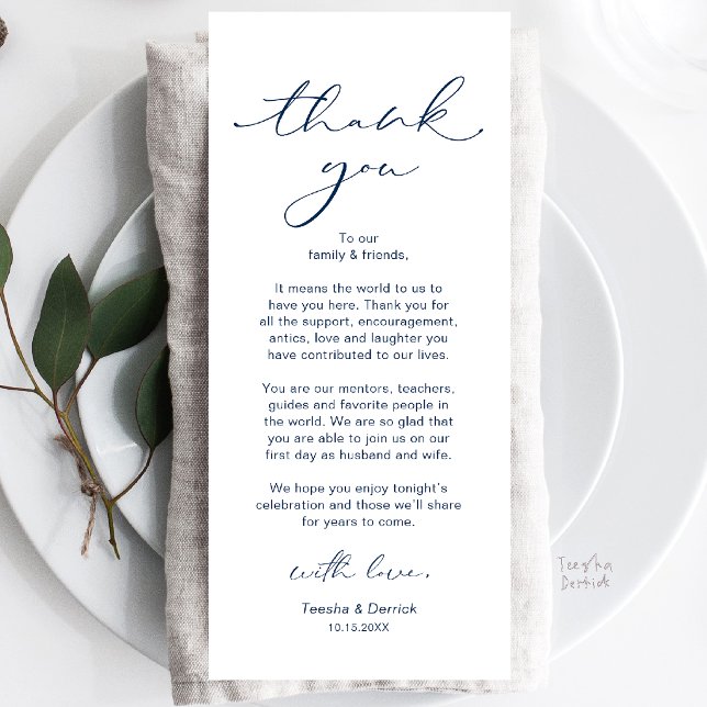 Moderne Dankeskarten für die Hochzeitsdinner-Tisch Programm (Modern Wedding Dinner Place Setting Thank You Card in Navy Blue)