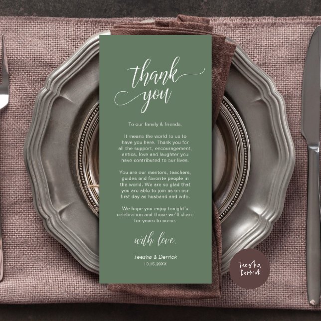Moderne Dankeskarten für die Hochzeitsdinner-Tisch Programm (Modern Wedding Dinner Place Setting Thank You Card in sage green)