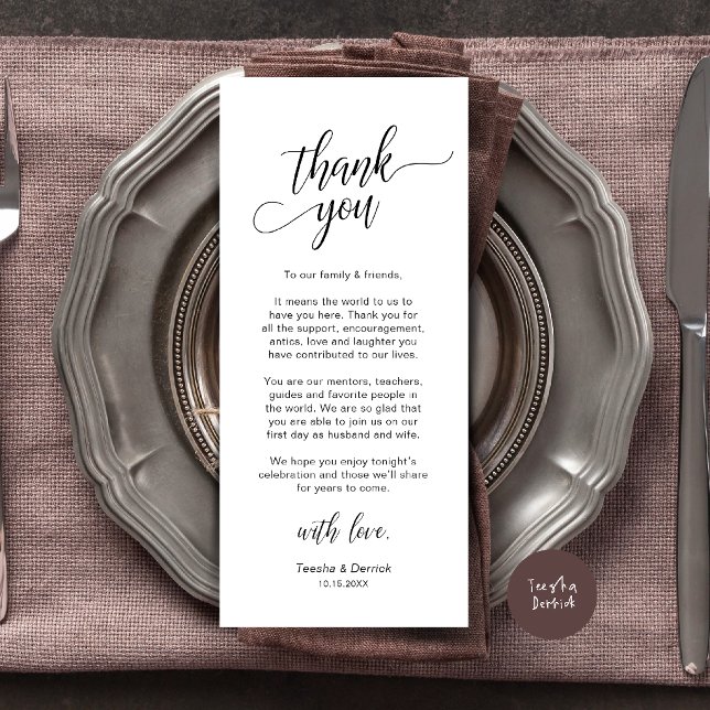 Moderne Dankeskarten für die Hochzeitsdinner-Tisch Programm (Modern Wedding Dinner Place Setting Thank You Card in Black and white)