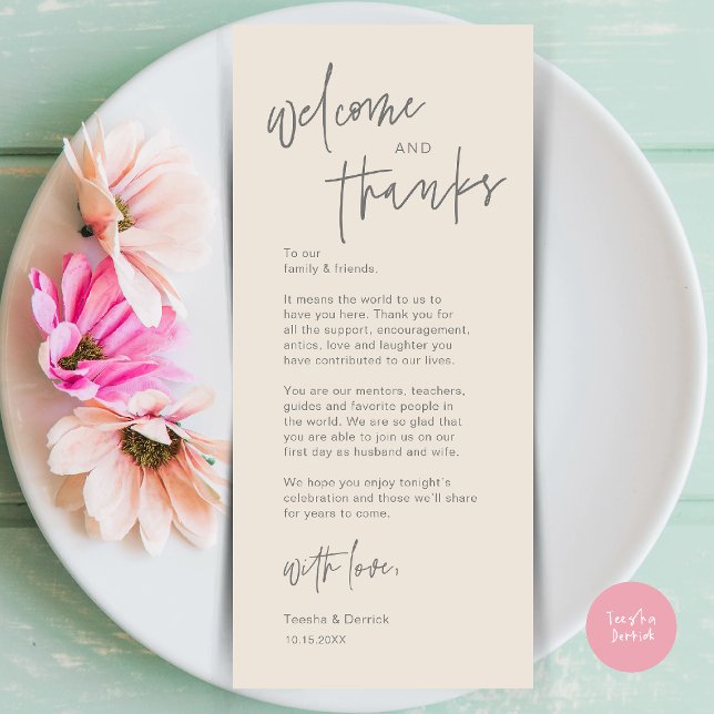 Moderne Dankeskarten für die Tischdekoration zur H Programm (Modern Casual Wedding Dinner Place Setting Thank You Card in cream and grey)