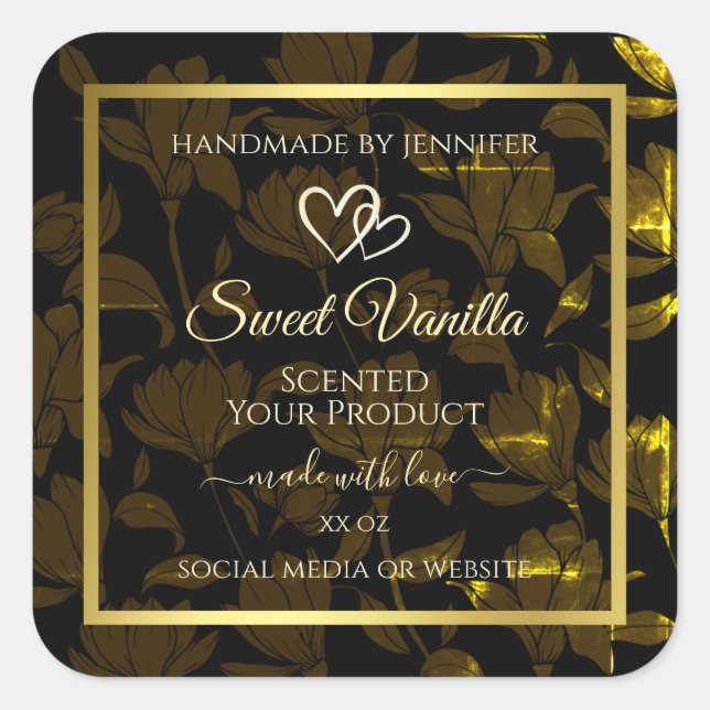 Moderne Dark Gold Floral Product Packaging Labels Quadratischer Aufkleber (Vorderseite)