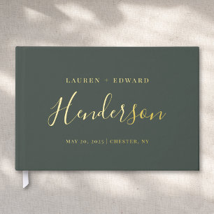 Moderne Dark Sage und Gold Familienname Hochzeit Gästebuch