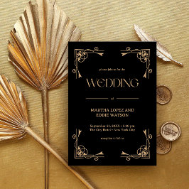Moderne Deco | Elegante schwarze und goldene Hochz Einladung