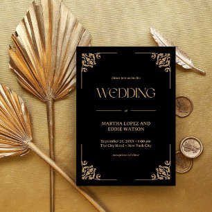 Moderne Deco   Elegante schwarze und goldene Hochz Einladung
