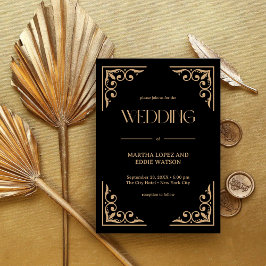 Moderne Deco | Elegante schwarze und goldene Hochz Einladung