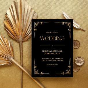 Moderne Deco   Elegante schwarze und goldene Hochz Einladung