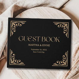Moderne Deco | Elegante schwarze und goldene Hochz Gästebuch